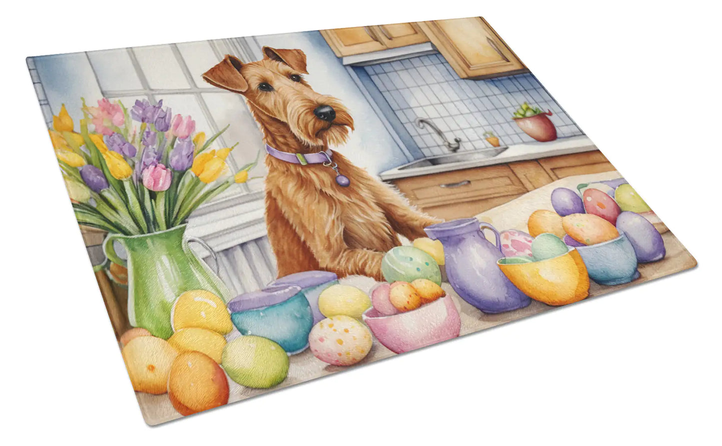 Decorating Easter Irish Terrier Glass Cutting Board