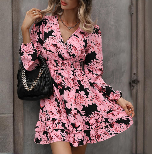 Women's Elegant Printed Lantern Sleeve A-Line, V-Neck, Ruffled Gathered Waist Detail, Flowy Midi Dress For Casual & Formal Occasions