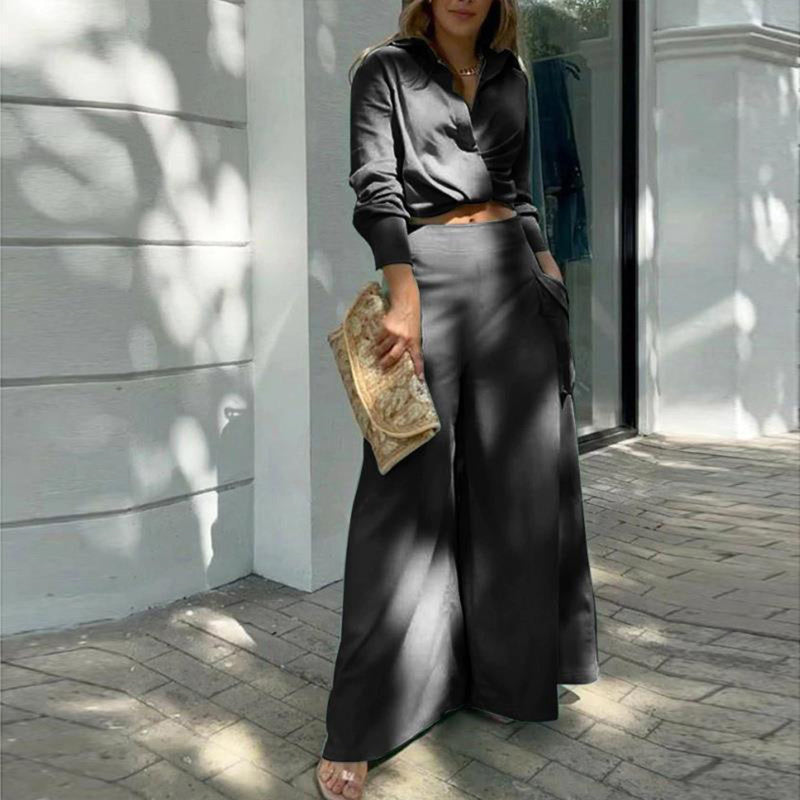 Women's Plus Size Elegant Pant Set - Crisscross Detail Top & Wide Leg Pants With Pockets