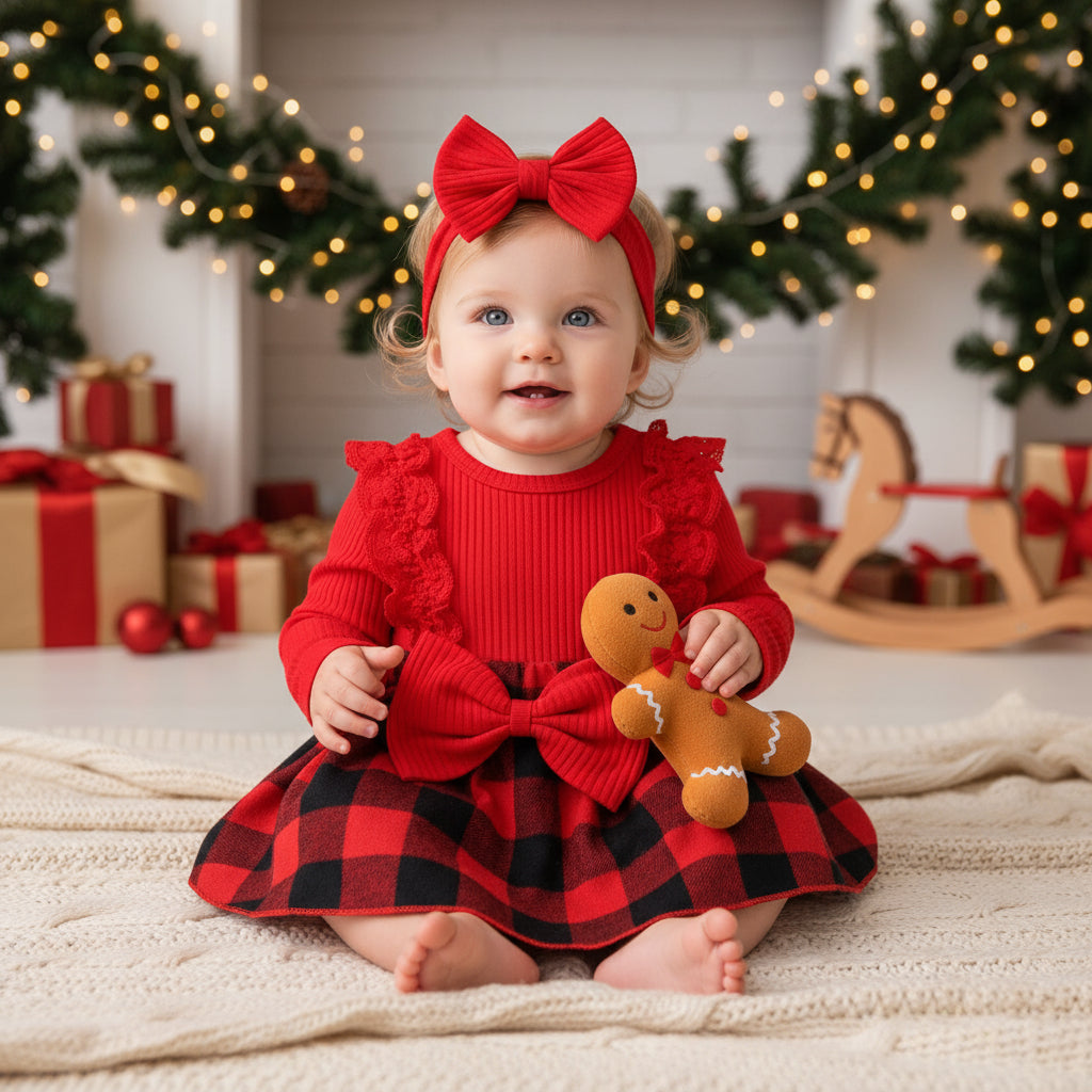 Children's Girl Baby Christmas Pit Stripe Spliced Lace Plaid Triangle Set