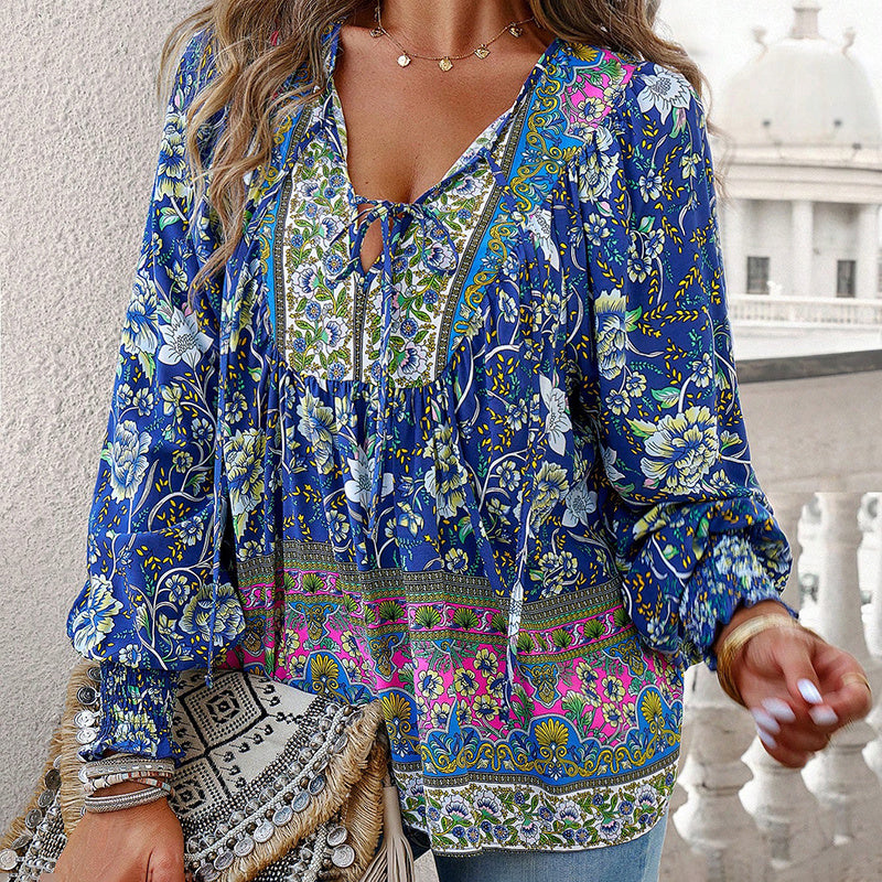 Women's Boho Chic Long Sleeve Blouse Floral Print V-Neck Top With Lace-Up & Drawstring Detail Elegant Vacation Shirt