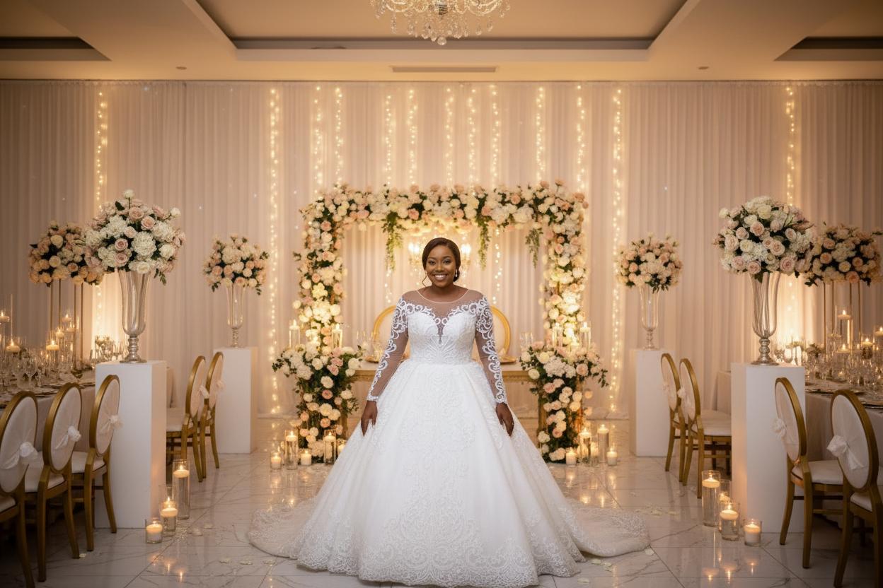 White lace wedding dress with long sleeves, illusion neckline, and full skirt.