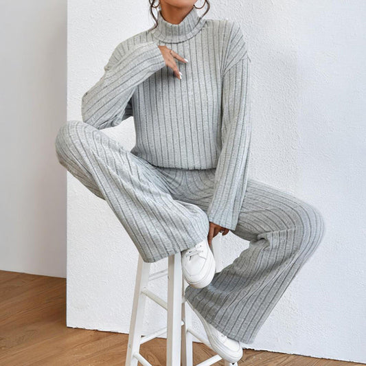 Women's Solid Color 2-Piece Set High Neck Long Sleeve Top & Pants, Striped Loungewear