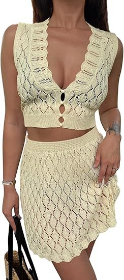 Saodimallsu Women's Two Piece Crochet Swimsuit Cover Ups Sleeveless V Neck Crop Tops Skirt Sets Beach Vacation Outfits