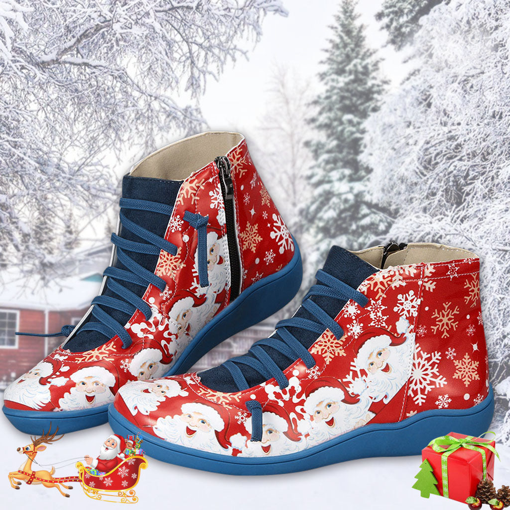 Christmas Ankle Women Santa Claus Snowflake Print Flats Shoes Casual Slip-on Side Zipper Design Short Boot