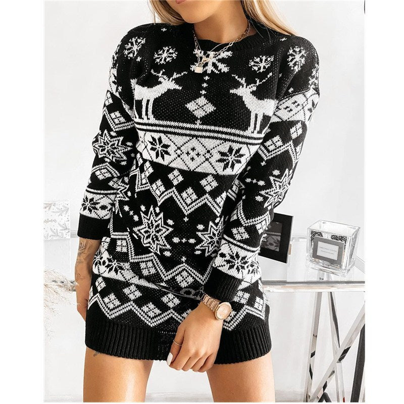 Elk Snowflake Christmas Jacquard Dress Long Knitted Sweaters