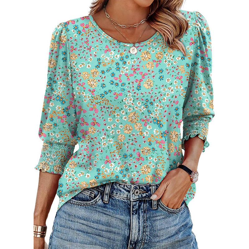 Women's Dressy Casual 3 4 Sleeve Tops Summer Trendy Puff-Sleeve Crew Neck Blouses With Smocked Cuffs