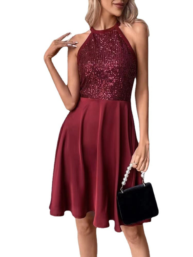Summer Sequin Stitching Sleeveless Slim Solid Color Dress