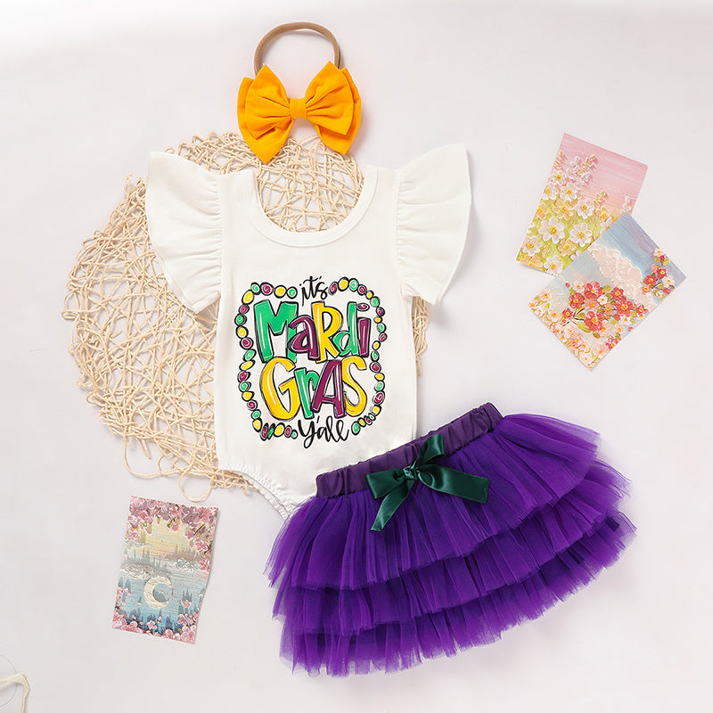 Baby Girls' Mardi Gras Outfit Set Ruffle Sleeve Letter Print Bodysuit, Mesh Tutu Skirt & Hairband