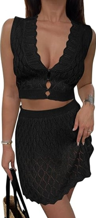 Saodimallsu Women's Two Piece Crochet Swimsuit Cover Ups Sleeveless V Neck Crop Tops Skirt Sets Beach Vacation Outfits