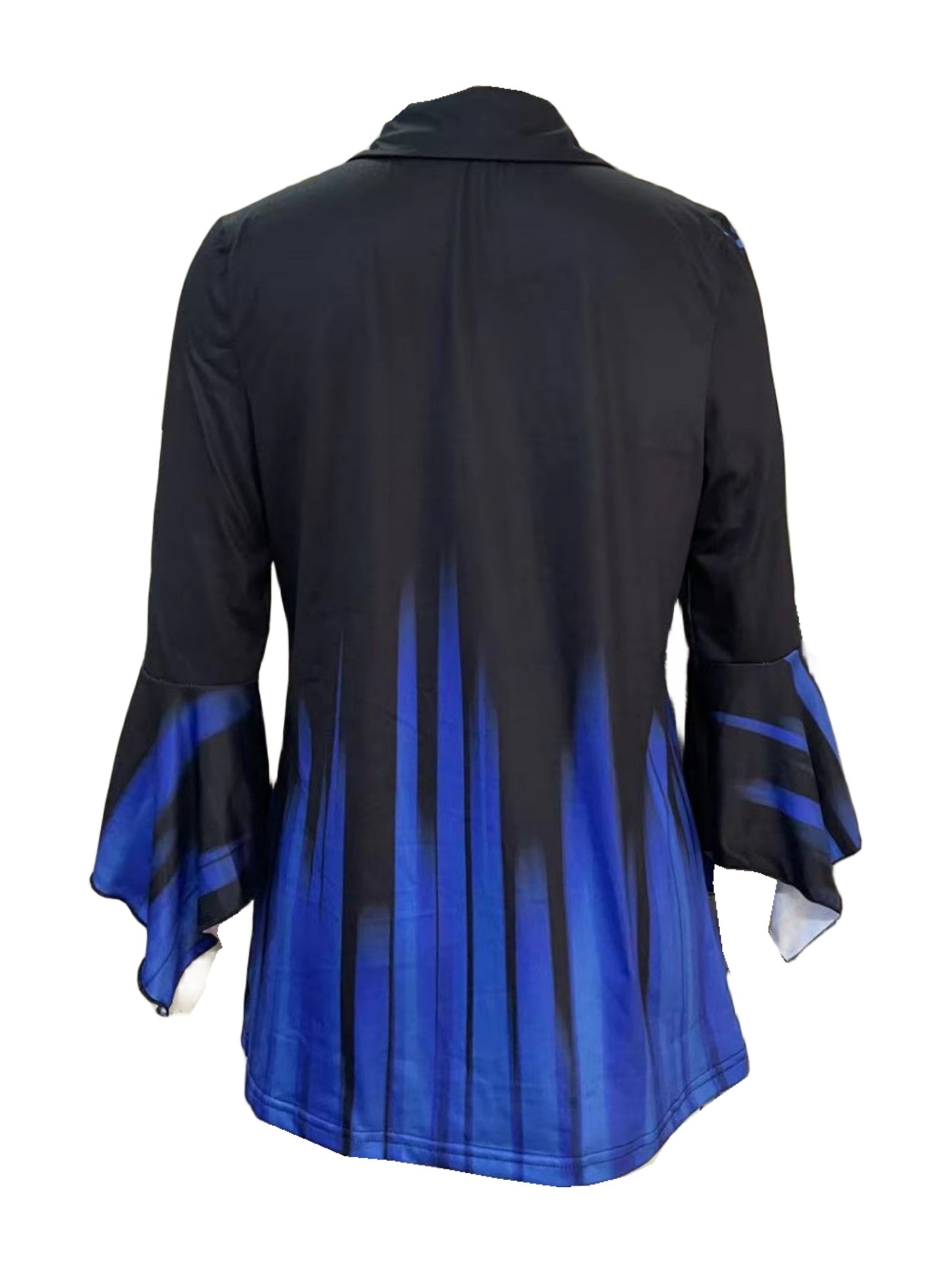 New Printed Lapel Blue Three-quarter Sleeve T-shirt Irregular Cuff Button Top