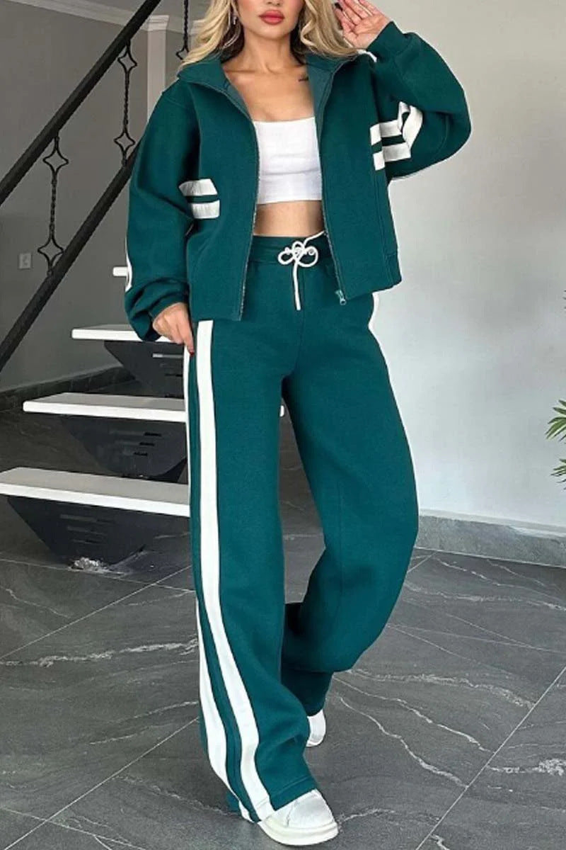 Striped Zip Top Jacket Casual Sports suit Women