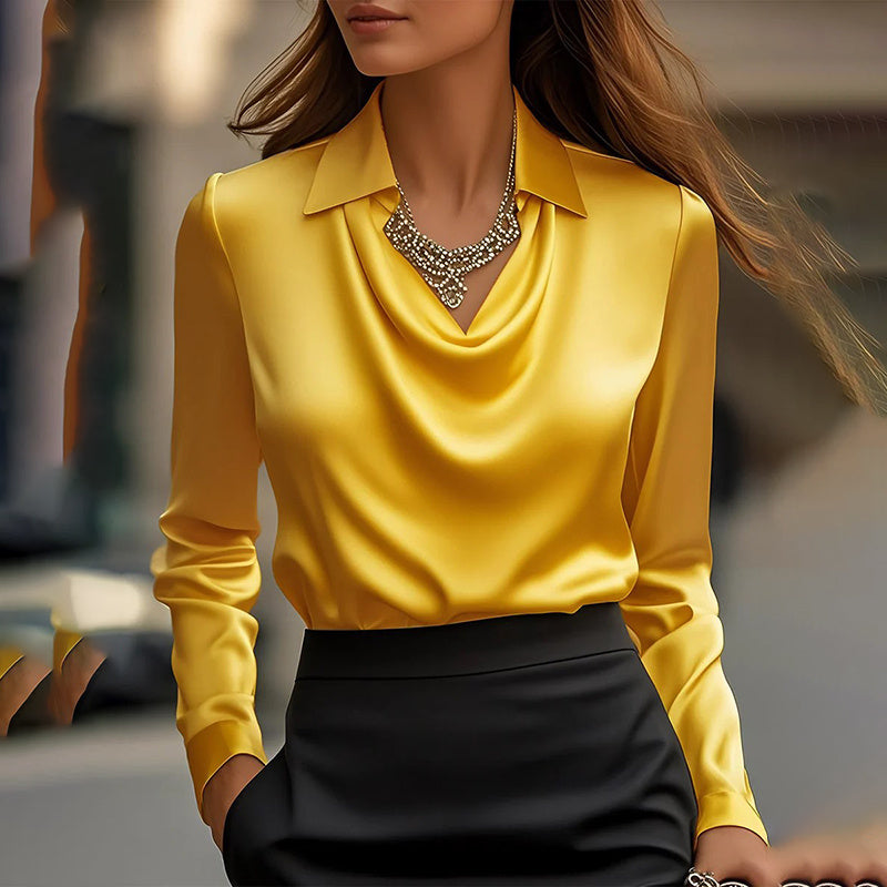 Women’s long-sleeve satin blouse in yellow with draped cowl neckline and pointed collar
