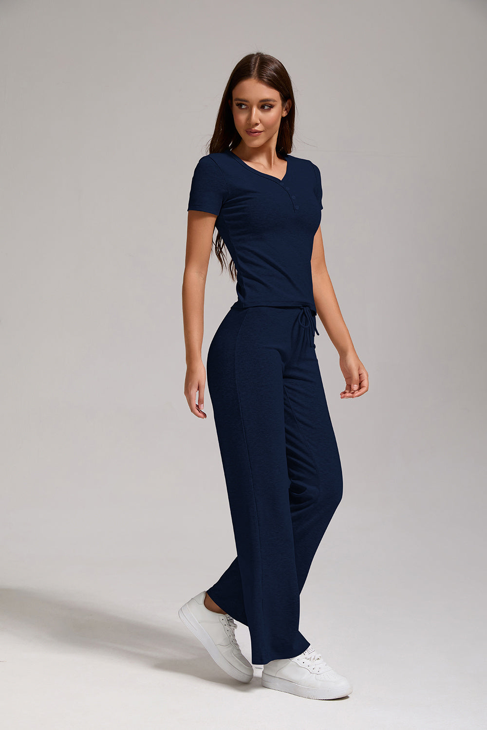 Women's Casual Two-piece Set With V-neck Button, Short Sleeved, Low Waisted Flared Pants, Sportswear