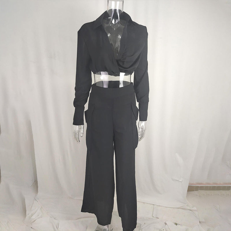 Women's Plus Size Elegant Pant Set - Crisscross Detail Top & Wide Leg Pants With Pockets