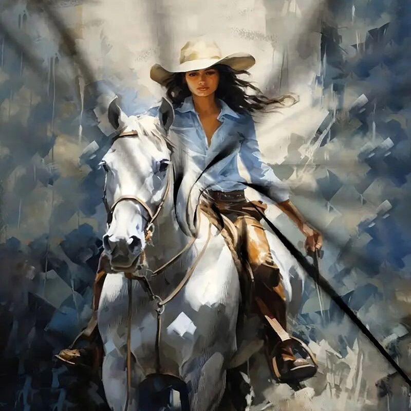Women's Round Neck Short Sleeve T-Shirt With Girl Riding White Horse Print, Summer Casual Top