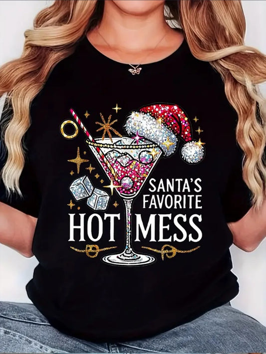 Women's Favorite Hot Christmas Vintage Printed T-Shirt, Vintage Simple Fashion Casual Comfortable Crew Neck Sport Short Sleeve