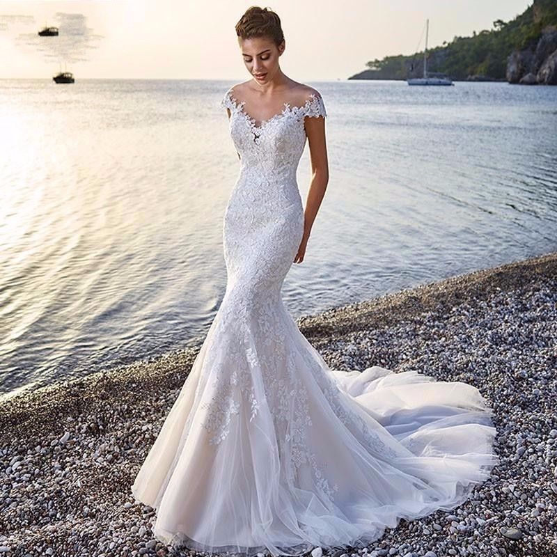 Princess Bride Mermaid White Trailing Backless Lace Wedding Dress