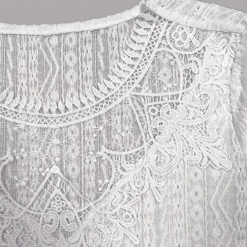 Women's Round Neck Lace Trim Semi-Sheer Blouse - Sexy Half Sleeve Hollow Out Top For Spring&Summer