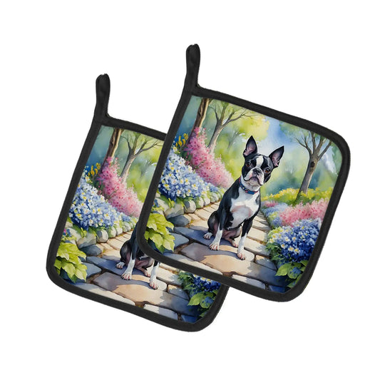 Boston Terrier Spring Path Pair of Pot Holders