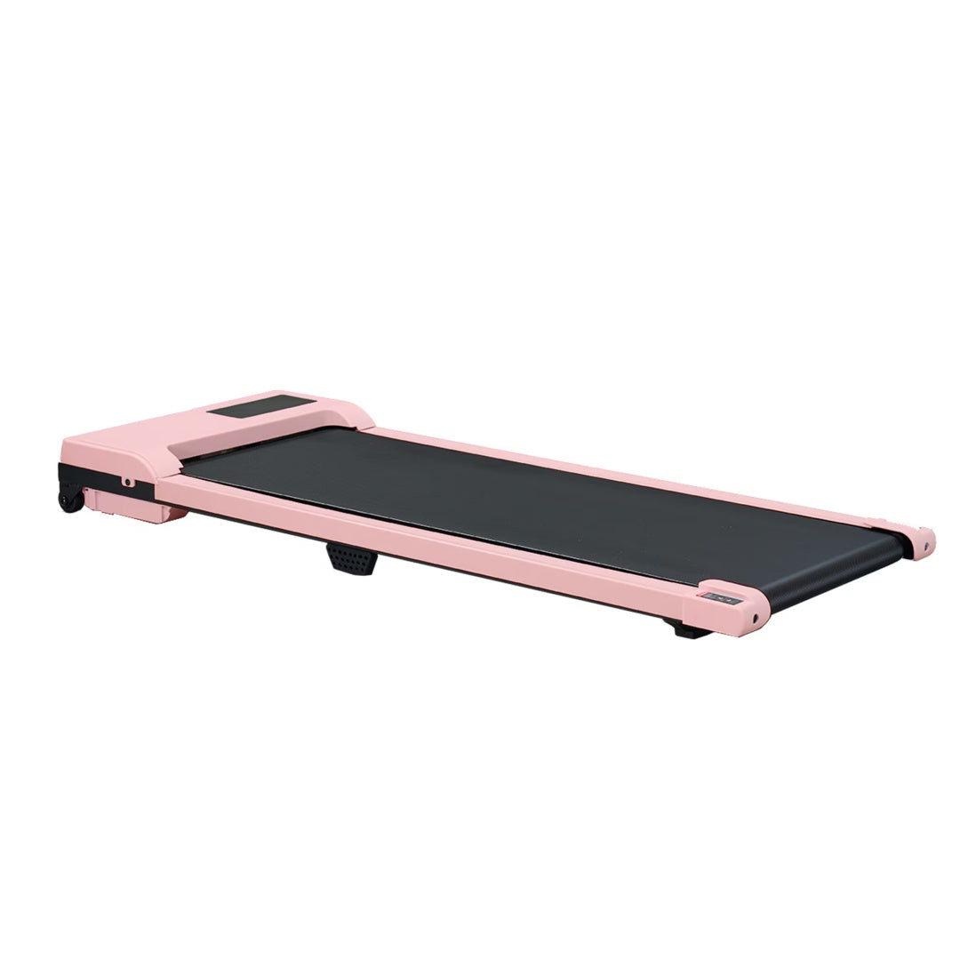Pink walking pad treadmill three-quarter view with black belt and foldable frame