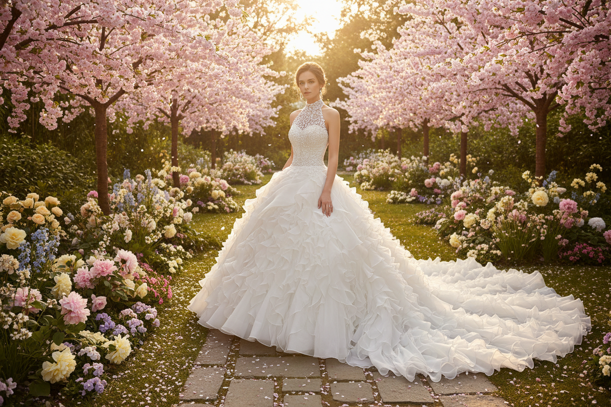 White wedding dress with high-neck lace bodice and A-line ruffle skirt with train.