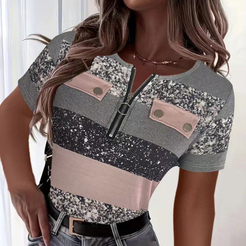 Women's Color Block Zipper T-Shirt, Casual Short Sleeve Summer Top