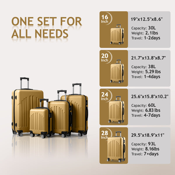 Four-size set of gold hard-shell suitcases with telescoping handles and spinner wheels