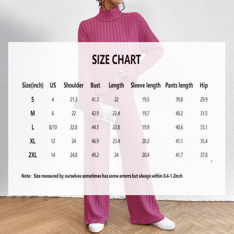 Women's Solid Color 2-Piece Set High Neck Long Sleeve Top & Pants, Striped Loungewear