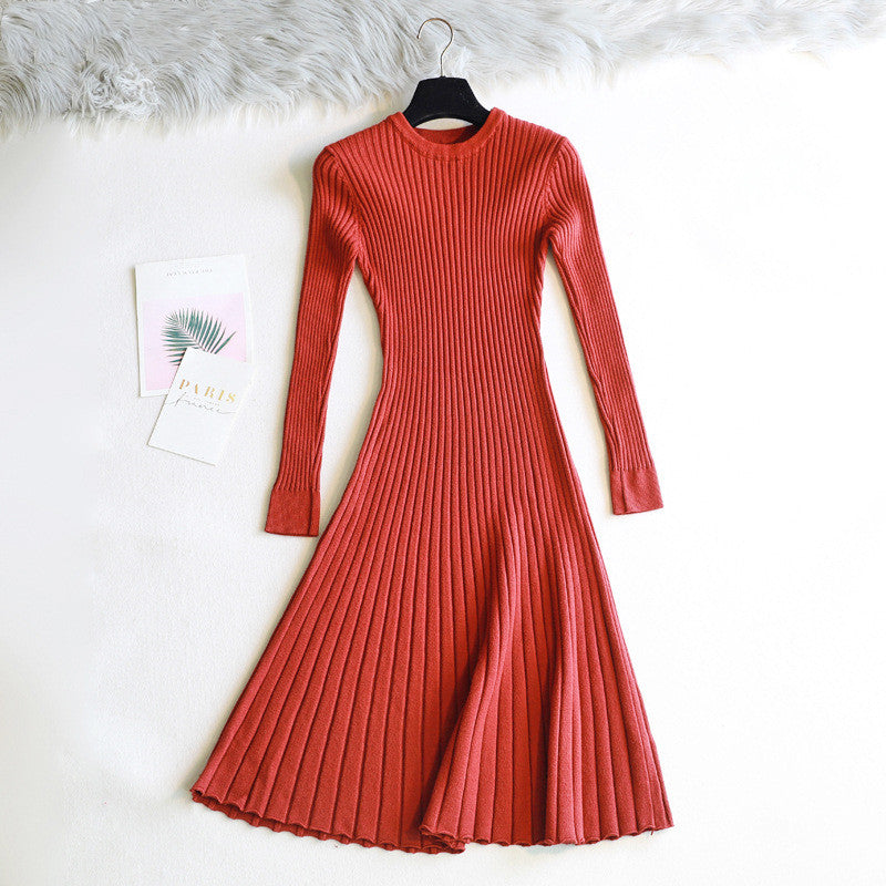 Round Neck Knitted Long Sleeve A- Line Dress