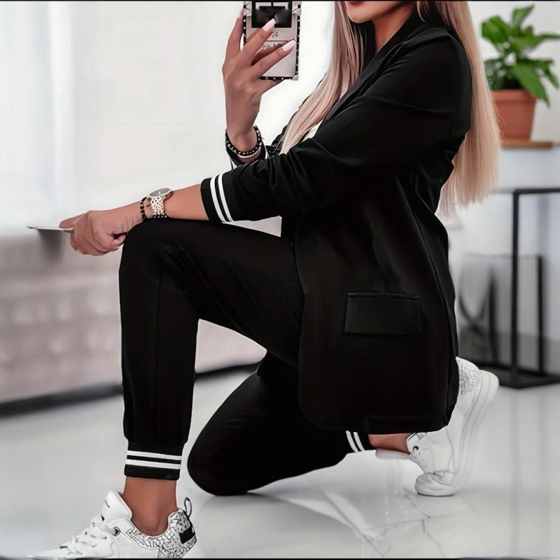 Women's Solid Color Suit Set - Striped Pocket Long Sleeve Blazer & Elastic Waist Trousers Professional Two-Piece Outfit