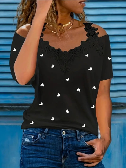 New Short-sleeved Lace Heart Print T-shirt Women's Top