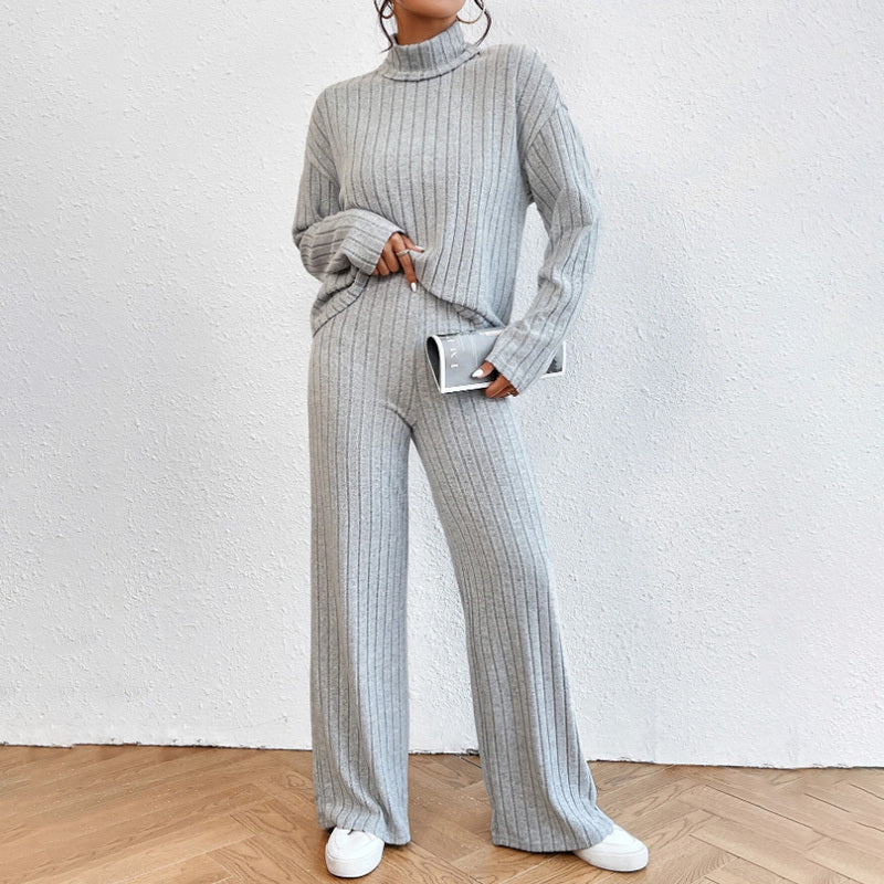 Women's Solid Color 2-Piece Set High Neck Long Sleeve Top & Pants, Striped Loungewear