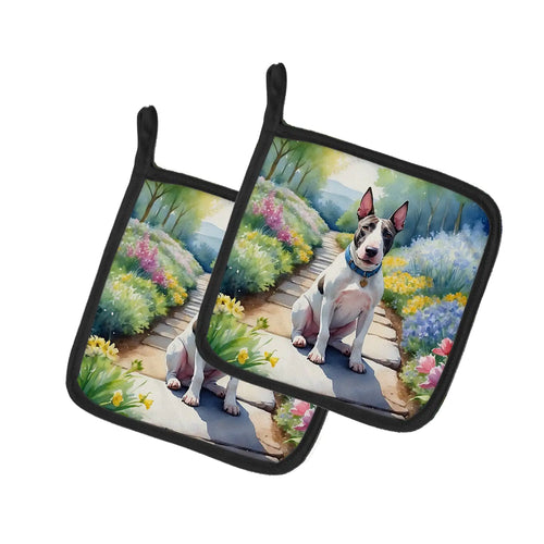 Bull Terrier Spring Path Pair of Pot Holders