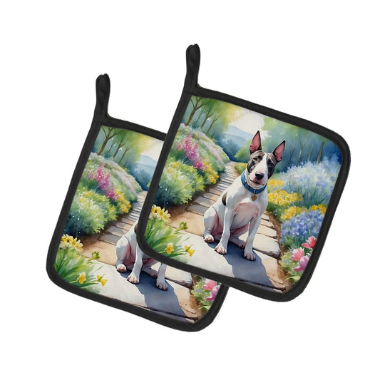 Bull Terrier Spring Path Pair of Pot Holders