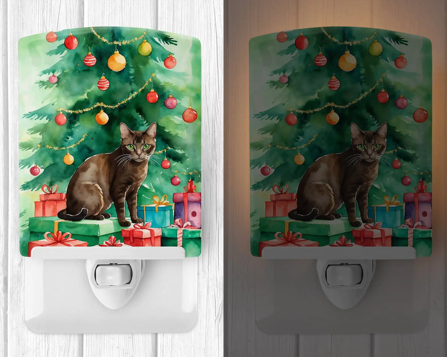 Havana Brown Cat By the Christmas Tree Ceramic Night Light