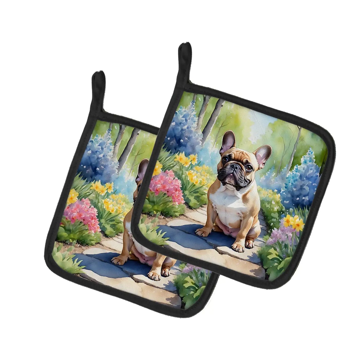 French Bulldog Spring Path Pair of Pot Holders