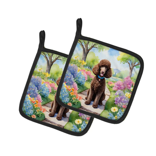 Chocolate Poodle Spring Path Pair of Pot Holders