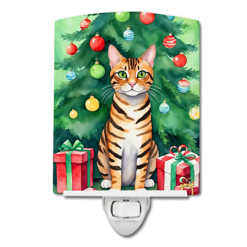 Toyger Cat By the Christmas Tree Ceramic Night Light