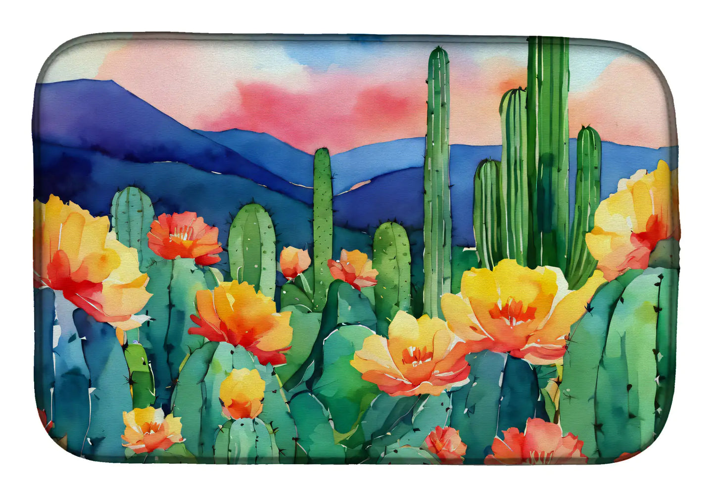 Arizona Saguaro Cactus Blossom in Watercolor Dish Drying Mat