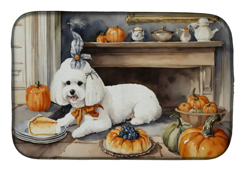 Bichon Frise Fall Kitchen Pumpkins Dish Drying Mat