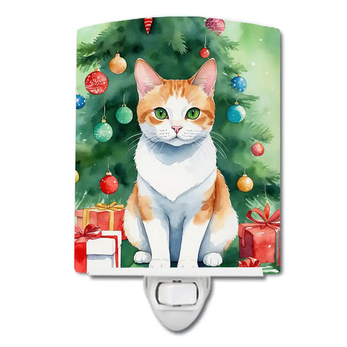 Japanese Bobtail Cat By the Christmas Tree Ceramic Night Light