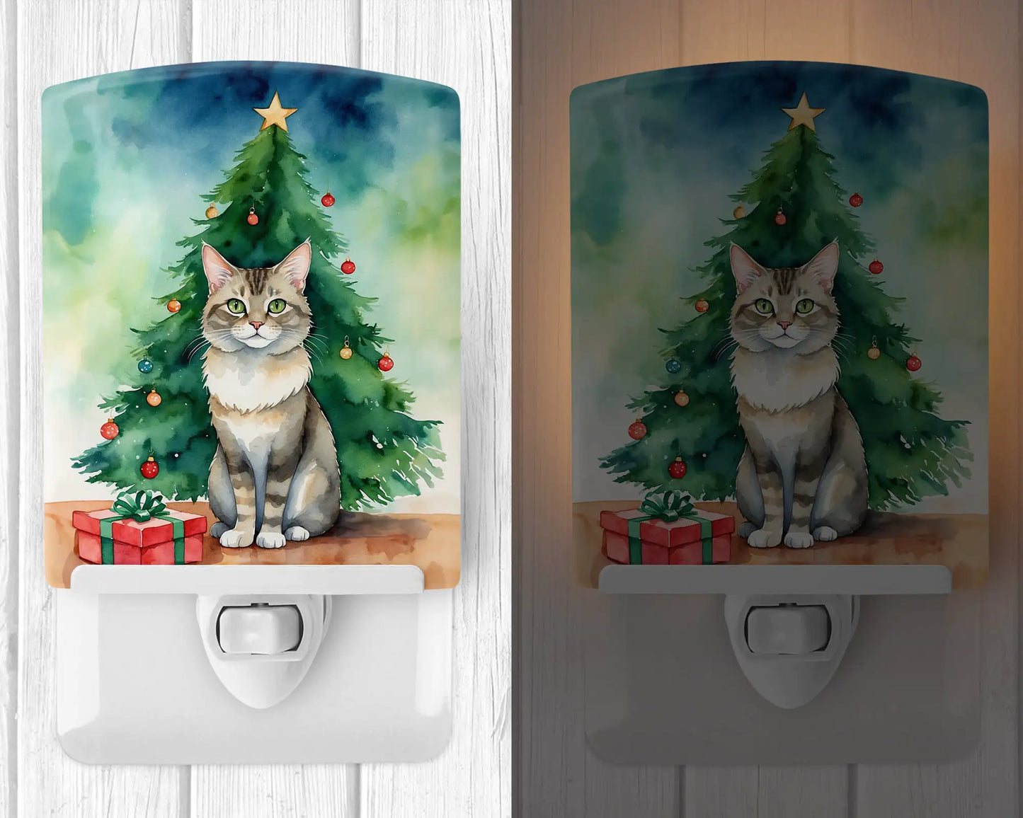 Dwelf Cat By the Christmas Tree Ceramic Night Light