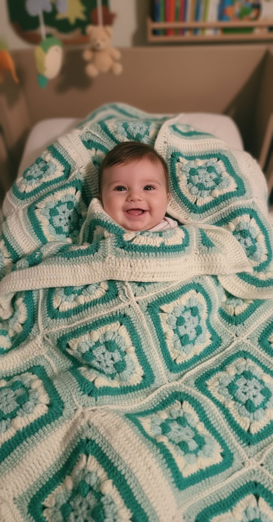 Handmade Granny Baby Blanket Square of Mix Greens with White Border, Shell Patchwork