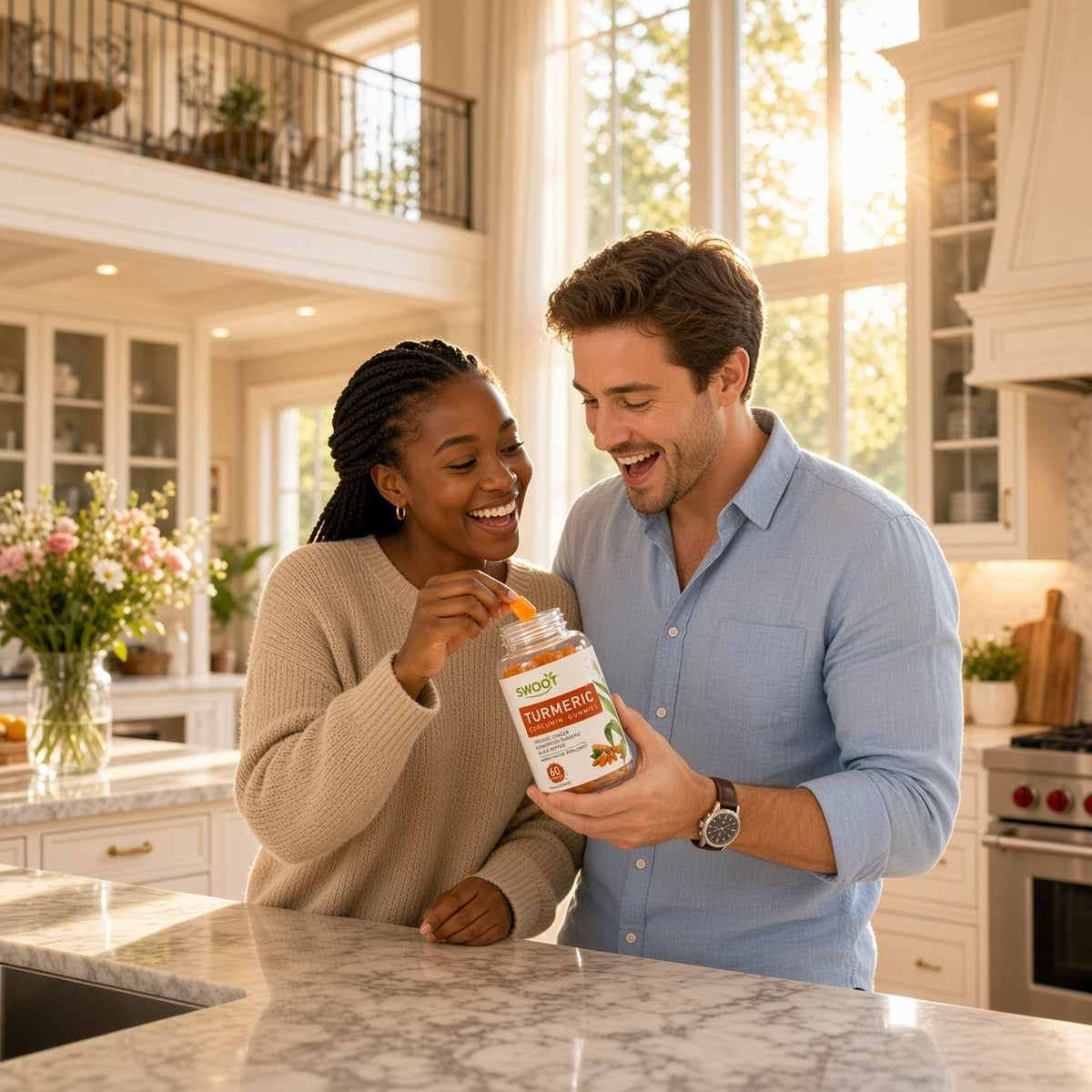 Turmeric curcumin gummies bottle held by a couple, smiling in a kitchen