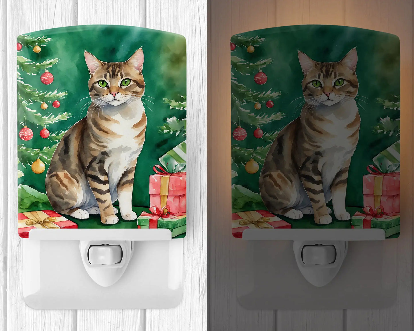 California Spangled Cat By the Christmas Tree Ceramic Night Light