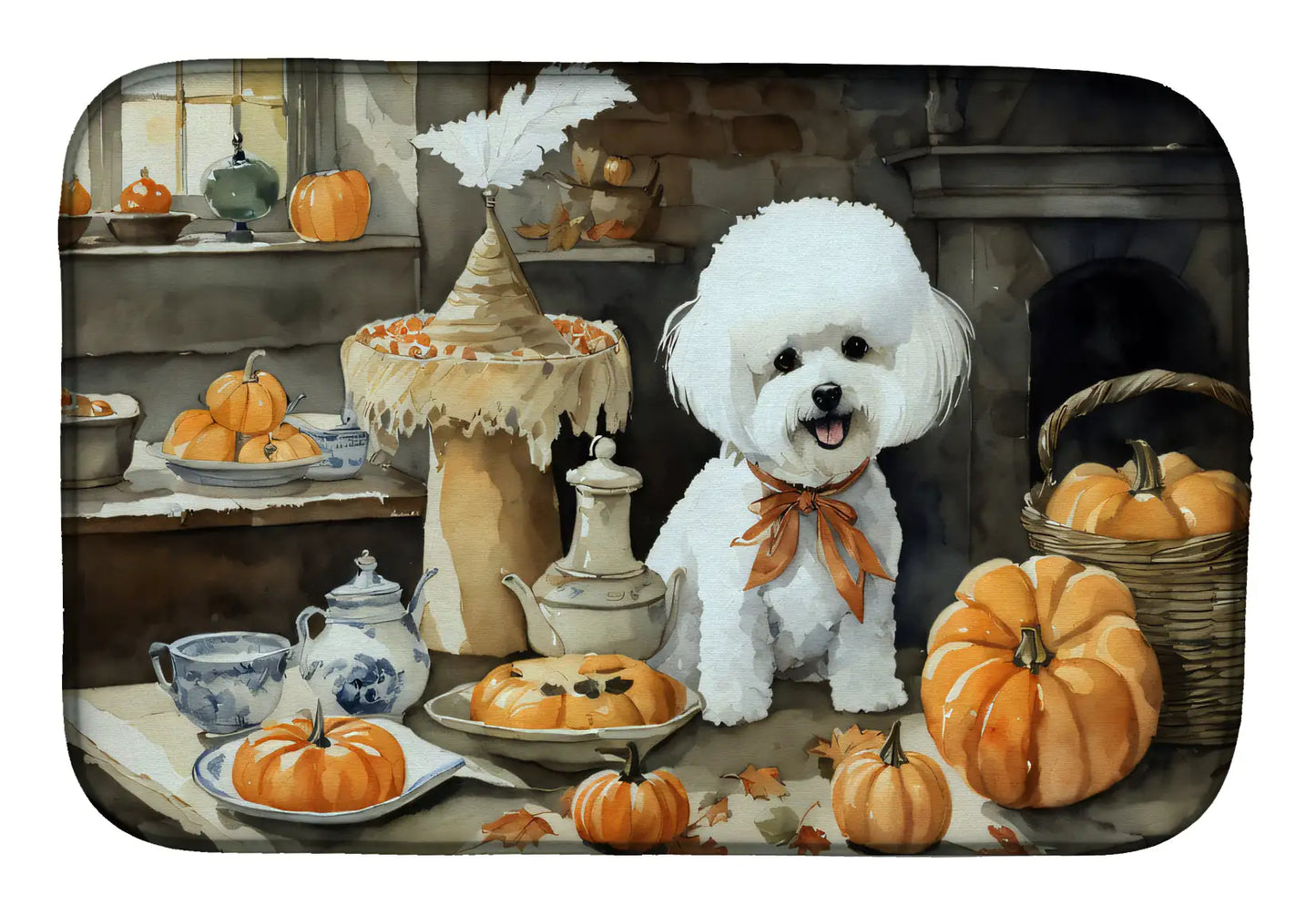Bichon Frise Fall Kitchen Pumpkins Dish Drying Mat