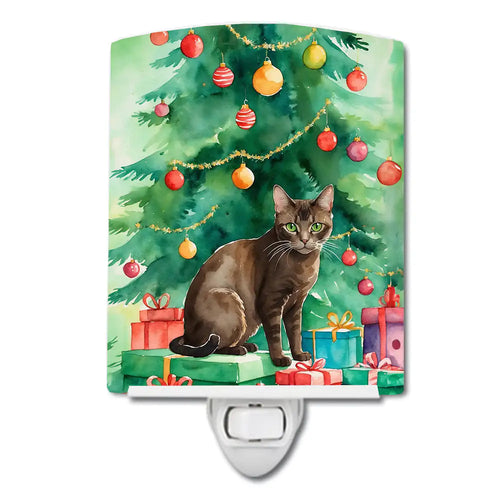 Havana Brown Cat By the Christmas Tree Ceramic Night Light