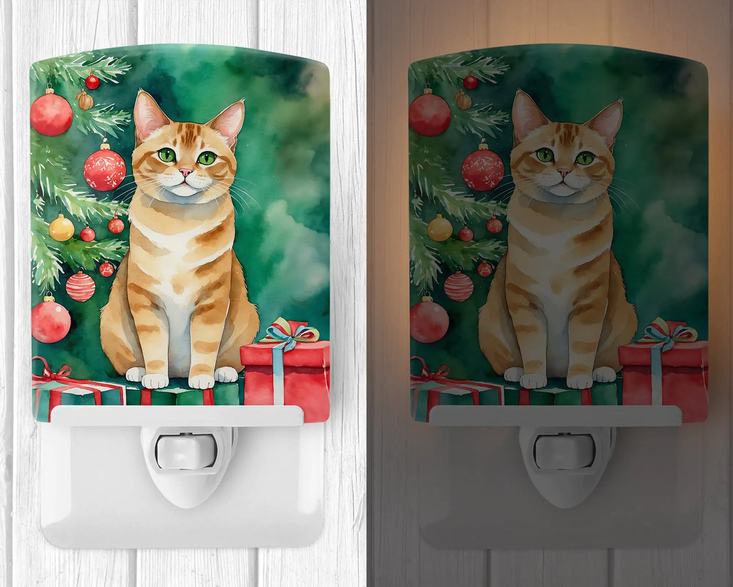 Malayan Cat By the Christmas Tree Ceramic Night Light