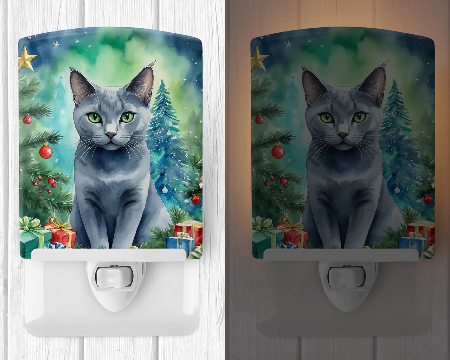 Russian Blue Cat By the Christmas Tree Ceramic Night Light